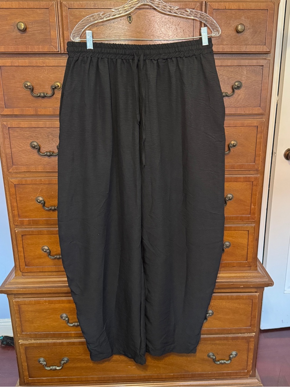 Black Wide Leg Pull On Pants Elastic Waist Drawstring Minimalist Boho XL Costal